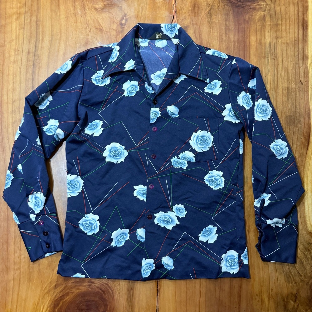 Vintage 70s Triumph Shirt Mens M Polyester Button Disco Retro Party Floral S3-18